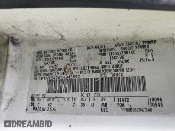 2001 Ford Econoline Cargo with VIN 1FTNE24241HB43552, listed as a IAAI auction lot 41957251 with Not Provided miles. Bid and sale history available at carsss.com. Image 9.