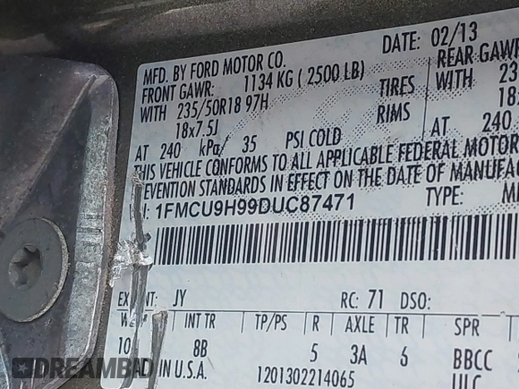 2013 Ford Escape SEL с VIN 1FMCU9H99DUC87471, выставлен на аукционе IAAI как лот 41863601 с пробегом 225 429 миль миль и . История ставок и продаж доступна на DreamBid. Изображение 9.