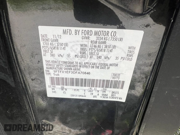 2013 Ford F-150 XL с VIN 1FTFX1EF3DFA70846, выставлен на аукционе Copart как лот 57615745 с пробегом 138 000 миль миль и Чистый • Clean title. История ставок и продаж доступна на DreamBid. Изображение 10.