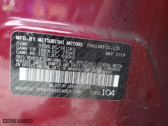 2019 Mitsubishi Mirage G4 SE with VIN ML32F4FJ8KHF17295, listed as a Copart auction lot 73762434 with 117,736 mi miles and Salvage Title. Bid and sale history available at carsss.com. Image 14.