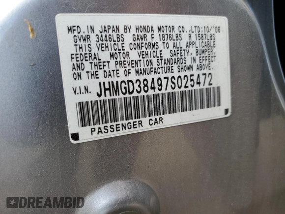 2007 Honda Fit z VIN JHMGD38497S025472, wystawiony jako Copart lot #55901095 z przebiegiem 120 216 mil mil oraz Szkoda całkowita • Salvage title. Historia ofert i sprzedaży dostępna na DreamBid. Obrazek 13.