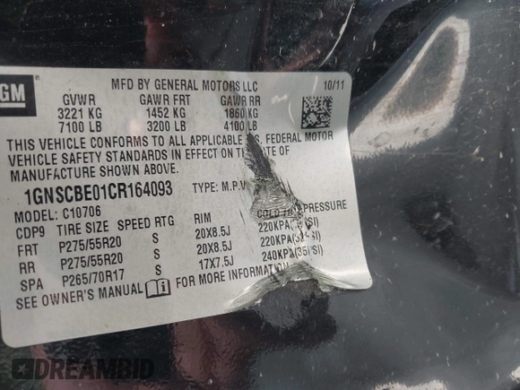 2012 Chevrolet Tahoe LT with VIN 1GNSCBE01CR164093, listed as a IAAI auction lot 42680741 with 183,638 mi miles and . Bid and sale history available at DreamBid. Image 9.