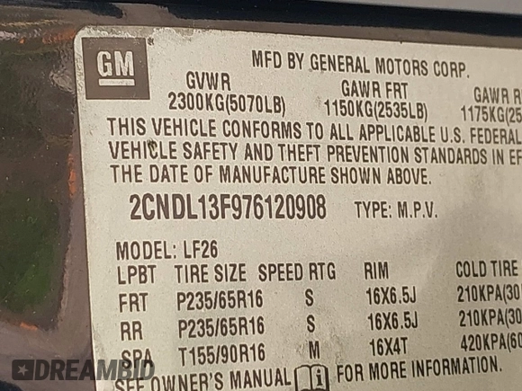 2007 Chevrolet Equinox LS with VIN 2CNDL13F976120908, listed as a IAAI auction lot 42215019 with 236,169 mi miles and . Bid and sale history available at DreamBid. Image 9.