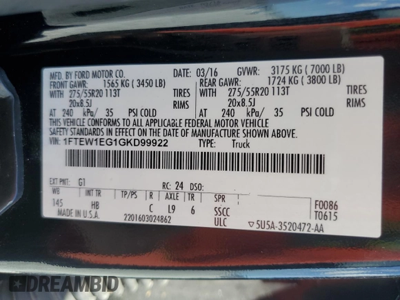 2016 Ford F-150 XLT with VIN 1FTEW1EG1GKD99922, listed as a Copart auction lot 54595475 with Not Provided miles and Clean Title. Bid and sale history available at carsss.com. Image 13.