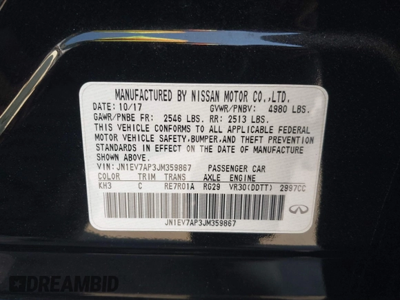 2018 Infiniti Q50 Sport with VIN JN1EV7AP3JM359867, listed as a IAAI auction lot 41455142 with 55,897 mi miles and . Bid and sale history available at carsss.com. Image 9.