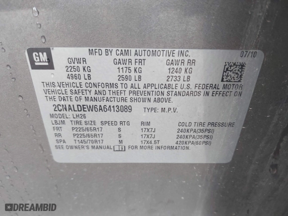 2010 Chevrolet Equinox LT w/1LT with VIN 2CNALDEW6A6413089, listed as a IAAI auction lot 41916521 with 145,108 mi miles. Bid and sale history available at carsss.com. Image 9.