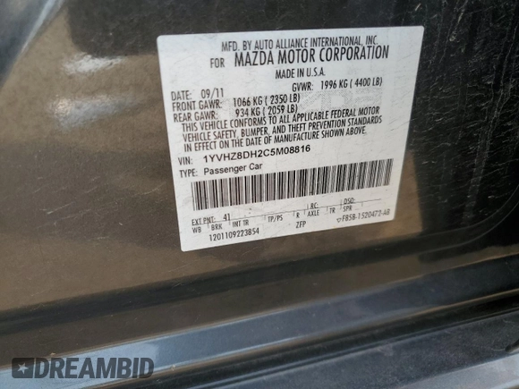 2012 Mazda 6 i Touring with VIN 1YVHZ8DH2C5M08816, listed as a Copart auction lot 61053285 with 109,738 mi miles and Salvage title. Bid and sale history available at DreamBid. Image 12.