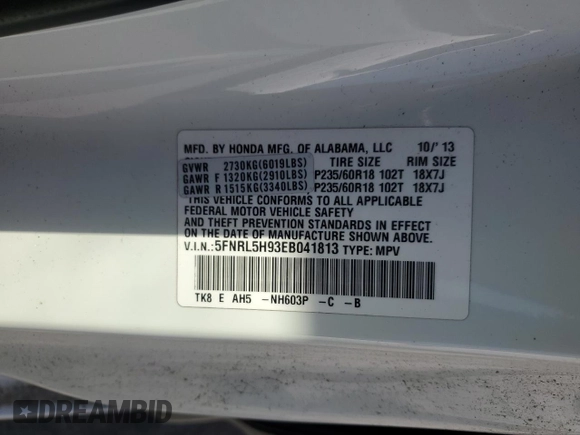 2014 Honda Odyssey Touring with VIN 5FNRL5H93EB041813, listed as a Copart auction lot 63920265 with 153,405 mi miles and Clean title. Bid and sale history available at DreamBid. Image 13.