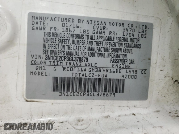 2016 Nissan Note S with VIN 3N1CE2CP3GL378879, listed as a Copart auction lot 54586905 with 142,782 mi miles and Clean Title. Bid and sale history available at DreamBid. Image 12.