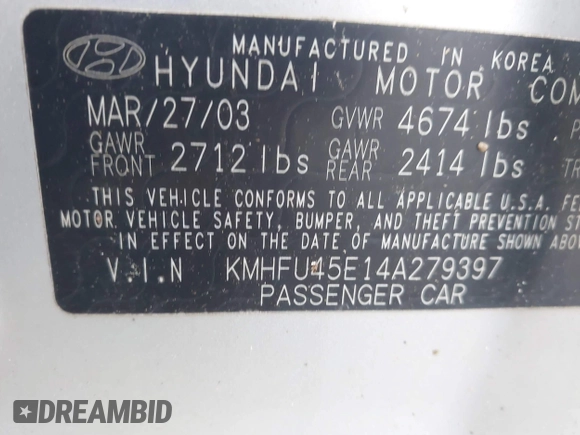 2004 Hyundai XG with VIN KMHFU45E14A279397, listed as a IAAI auction lot 42153103 with Not Provided miles and . Bid and sale history available at DreamBid. Image 9.