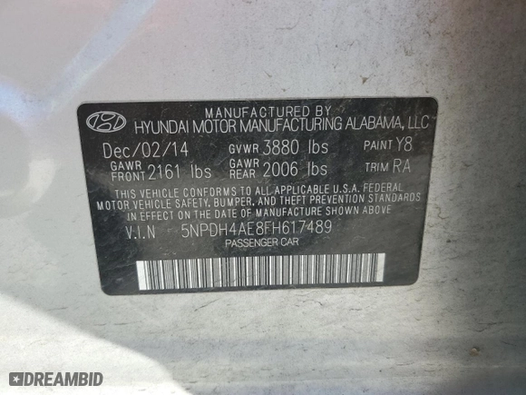 2015 Hyundai Elantra SE with VIN 5NPDH4AE8FH617489, listed as a Copart auction lot 53371555 with 179,509 mi miles and Clean Title. Bid and sale history available at carsss.com. Image 12.