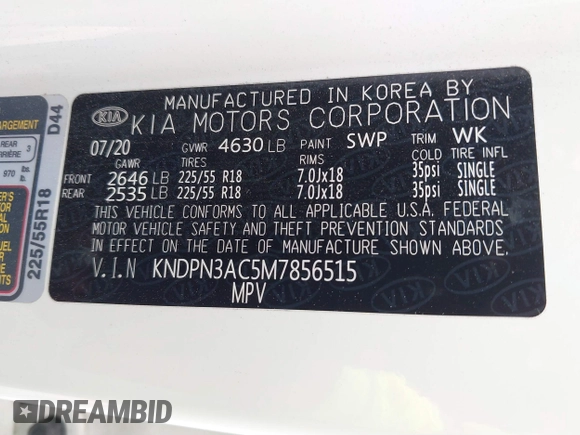 2021 Kia Sportage EX with VIN KNDPN3AC5M7856515, listed as a IAAI auction lot 41879128 with 56,537 mi miles and . Bid and sale history available at DreamBid. Image 9.