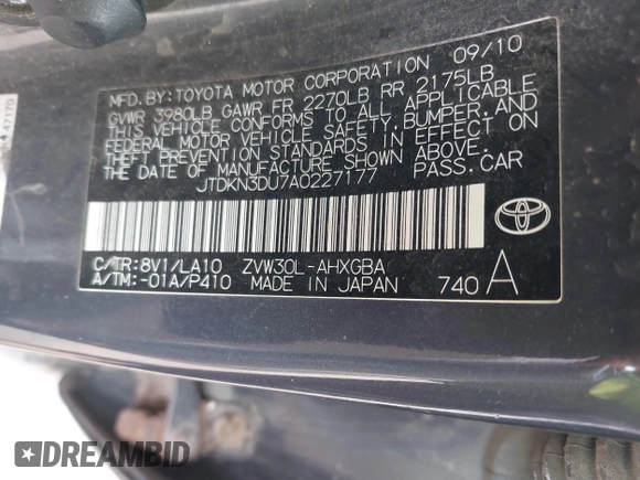 2010 Toyota Prius II z VIN JTDKN3DU7A0227177, wystawiony jako IAAI lot #42414563 z przebiegiem 291 188 mil mil oraz . Historia ofert i sprzedaży dostępna na DreamBid. Obrazek 9.