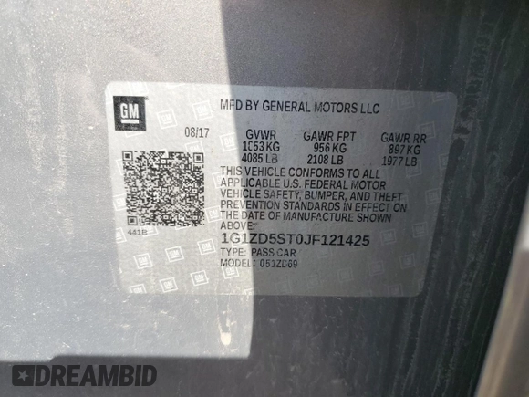 2018 Chevrolet Malibu LT with VIN 1G1ZD5ST0JF121425, listed as a Copart auction lot 55326095 with 108,372 mi miles and Clean Title. Bid and sale history available at DreamBid. Image 12.