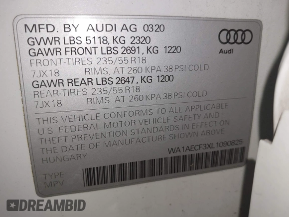 2020 Audi Q3 Premium with VIN WA1AECF3XL1090825, listed as a IAAI auction lot 42541577 with 32,432 mi miles and . Bid and sale history available at DreamBid. Image 9.