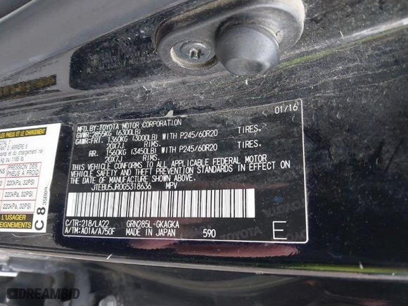 2016 Toyota 4Runner Limited with VIN JTEBU5JR0G5318636, listed as a IAAI auction lot 41589728 with 126,534 mi miles. Bid and sale history available at carsss.com. Image 9.