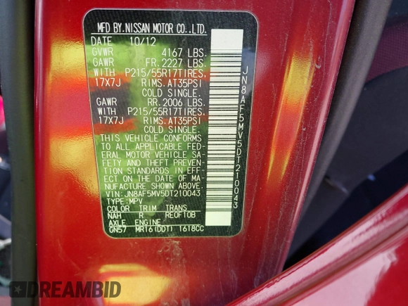 2013 Nissan Juke SL z VIN JN8AF5MV5DT210043, wystawiony jako IAAI lot #41942395 z przebiegiem Nie podano mil oraz . Historia ofert i sprzedaży dostępna na DreamBid. Obrazek 9.