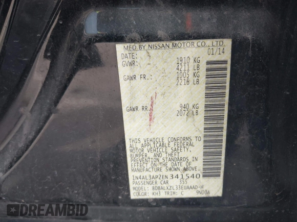 2014 Nissan Altima SL with VIN 1N4AL3AP2EN341540, listed as a IAAI auction lot 42014952 with 174,458 mi miles and . Bid and sale history available at DreamBid. Image 9.