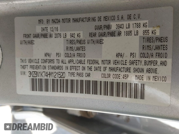 2017 Mazda 3 Sport with VIN 3MZBN1K74HM121520, listed as a IAAI auction lot 41827622 with 63,427 mi miles and . Bid and sale history available at DreamBid. Image 9.