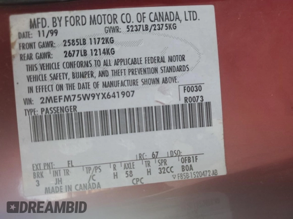 2000 Mercury Grand Marquis LS z VIN 2MEFM75W9YX641907, wystawiony jako Copart lot #50722975 z przebiegiem 152 108 mil mil oraz Szkoda całkowita • Salvage title. Historia ofert i sprzedaży dostępna na DreamBid. Obrazek 14.