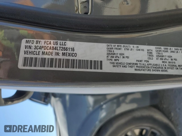 2020 Dodge Journey SE Value with VIN 3C4PDCAB4LT266116, listed as a Copart auction lot 49738395 with Not Provided miles and Salvage Title. Bid and sale history available at carsss.com. Image 13.