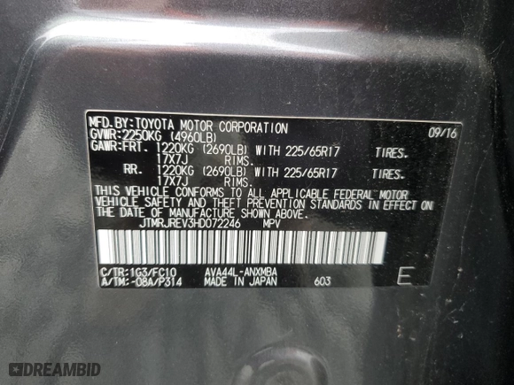 2017 Toyota RAV4 Hybrid XLE with VIN JTMRJREV3HD072246, listed as a Copart auction lot 49488815 with 70,398 mi miles and Salvage Title. Bid and sale history available at carsss.com. Image 13.