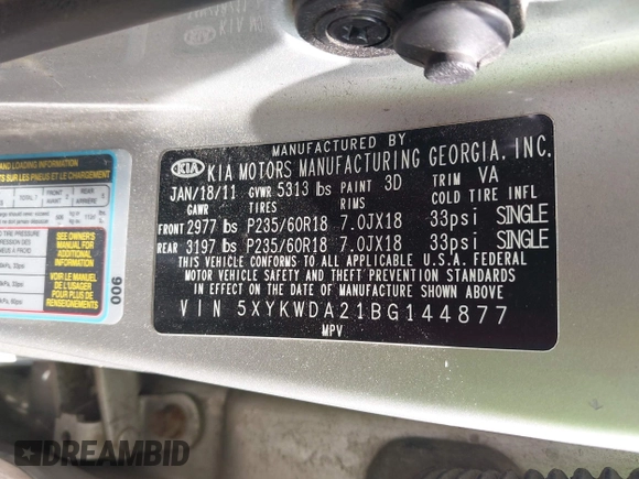 2011 Kia Sorento SX with VIN 5XYKWDA21BG144877, listed as a IAAI auction lot 42597458 with 238,443 mi miles and . Bid and sale history available at DreamBid. Image 9.