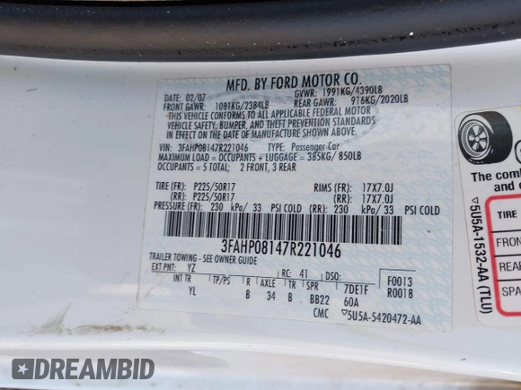 2007 Ford Fusion SEL with VIN 3FAHP08147R221046, listed as a IAAI auction lot 41782770 with 173,413 mi miles. Bid and sale history available at carsss.com. Image 9.