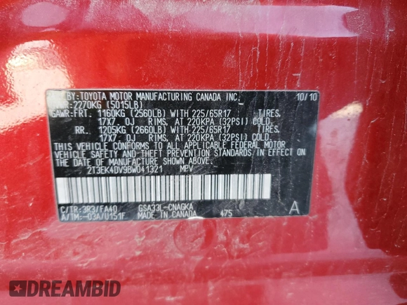 2011 Toyota RAV4 with VIN 2T3EK4DV9BW041321, listed as a Copart auction lot 43028315 with 202,045 mi miles and Salvage title. Bid and sale history available at DreamBid. Image 14.