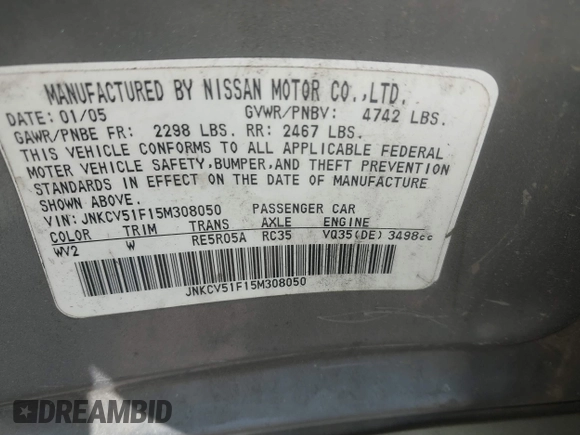 2005 Infiniti G35 with VIN JNKCV51F15M308050, listed as a IAAI auction lot 42048464 with Not Provided miles. Bid and sale history available at carsss.com. Image 9.