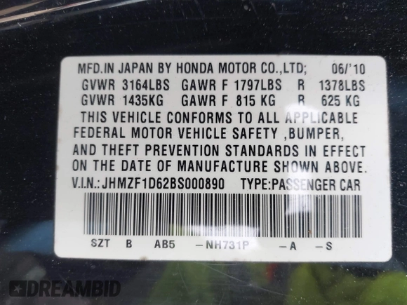 2011 Honda CR-Z EX with VIN JHMZF1D62BS000890, listed as a IAAI auction lot 41651835 with 182,348 mi miles. Bid and sale history available at carsss.com. Image 9.