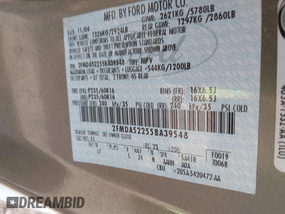 2005 Ford Freestar SEL z VIN 2FMDA52255BA39548, wystawiony jako IAAI lot #42467902 z przebiegiem 86 589 mil mil oraz . Historia ofert i sprzedaży dostępna na DreamBid. Obrazek 9.