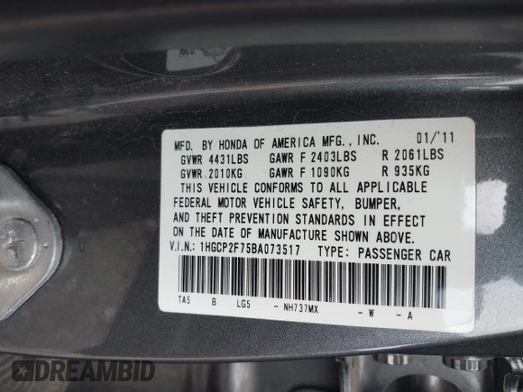 2011 Honda Accord EX с VIN 1HGCP2F75BA073517, выставлен на аукционе IAAI как лот 41875713 с пробегом 170 352 миль миль и . История ставок и продаж доступна на DreamBid. Изображение 9.