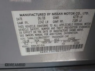 2008 Nissan Altima 2.5 with VIN 1N4AL21E28N550077, listed as a IAAI auction lot 41812456 with 274,030 mi miles. Bid and sale history available at carsss.com. Image 9.