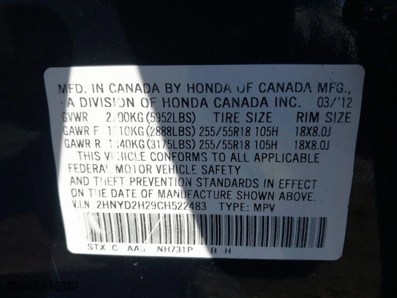 2012 Acura MDX with VIN 2HNYD2H29CH522483, listed as a IAAI auction lot 41367980 with 161617 miles. Bid and sale history available at carsss.com. Image 9.