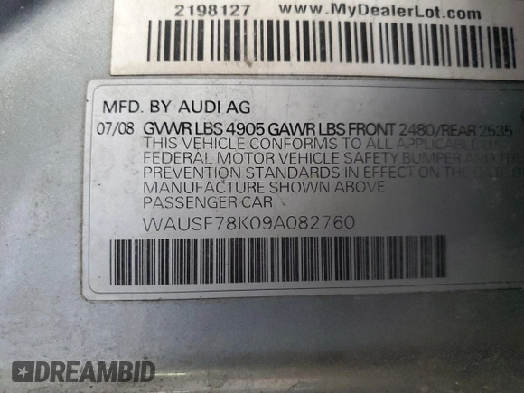 2009 Audi A4 2.0T Prem Plus with VIN WAUSF78K09A082760, listed as a Copart auction lot 50919305 with 0 mi miles and Salvage Title. Bid and sale history available at carsss.com. Image 12.