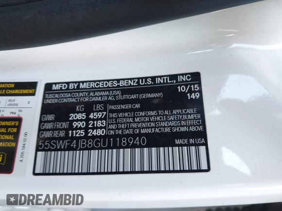 2016 Mercedes-Benz C 300 with VIN 55SWF4JB8GU118940, listed as a IAAI auction lot 42200451 with 113,220 mi miles and . Bid and sale history available at DreamBid. Image 9.
