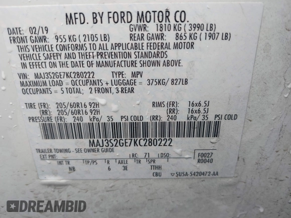 2019 Ford EcoSport SE with VIN MAJ3S2GE7KC280222, listed as a IAAI auction lot 41529618 with 78,812 mi miles and . Bid and sale history available at DreamBid. Image 9.