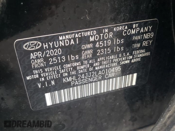 2020 Hyundai Sonata Hybrid Blue with VIN KMHL24JJ2LA010495, listed as a Copart auction lot 82210533 with 46,125 mi miles. Bid and sale history available at carsss.com. Image 12.