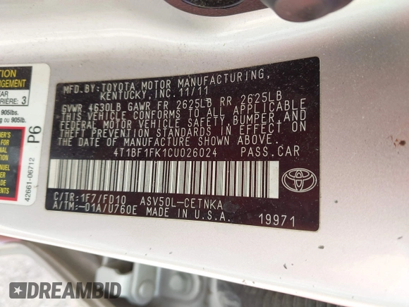 2012 Toyota Camry L z VIN 4T1BF1FK1CU026024, wystawiony jako IAAI lot #42318004 z przebiegiem 121 306 mil mil oraz . Historia ofert i sprzedaży dostępna na DreamBid. Obrazek 9.