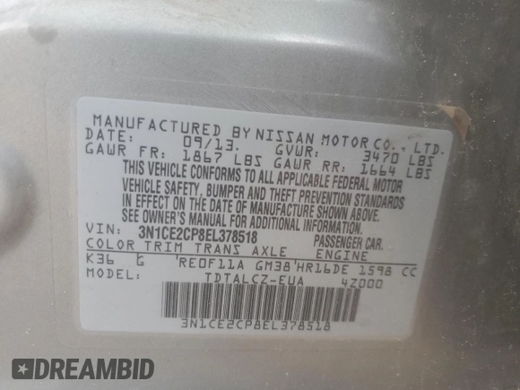 2014 Nissan Note S Plus with VIN 3N1CE2CP8EL378518, listed as a Copart auction lot 60068775 with 240,040 mi miles and Salvage title. Bid and sale history available at DreamBid. Image 13.