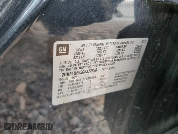2012 GMC Terrain SLT-1 with VIN 2GKFLUE52C6372890, listed as a Copart auction lot 53602855 with 203,508 mi miles and Salvage title. Bid and sale history available at DreamBid. Image 13.