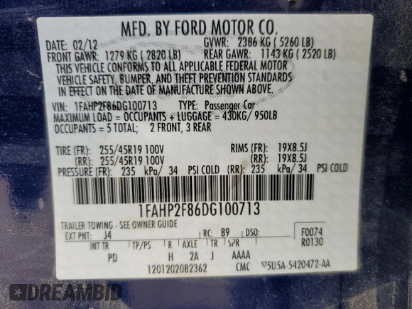 2013 Ford Taurus Limited with VIN 1FAHP2F86DG100713, listed as a Copart auction lot 52599085 with 168,771 mi miles and Salvage title. Bid and sale history available at DreamBid. Image 14.