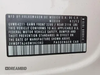 2013 Volkswagen Jetta SE with VIN 3VWDP7AJ4DM362362, listed as a Copart auction lot 62819285 with Not provided miles and Salvage title. Bid and sale history available at DreamBid. Image 12.
