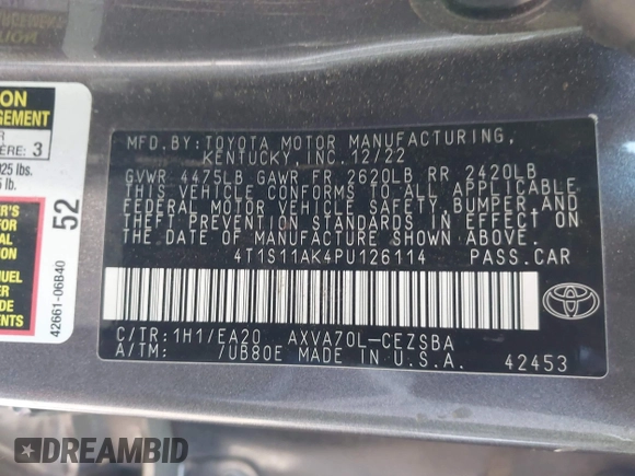 2023 Toyota Camry SE with VIN 4T1S11AK4PU126114, listed as a IAAI auction lot 41778725 with 39,008 mi miles. Bid and sale history available at carsss.com. Image 9.