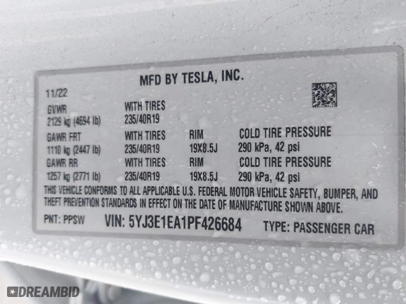 2023 Tesla Model 3 with VIN 5YJ3E1EA1PF426684, listed as a IAAI auction lot 41507661 with 28,703 mi miles. Bid and sale history available at carsss.com. Image 9.