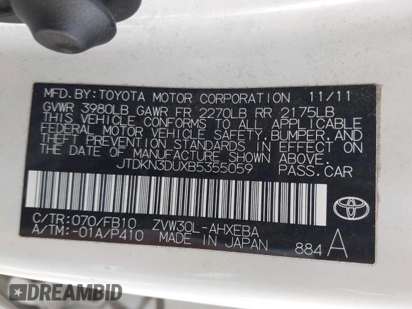 2011 Toyota Prius I with VIN JTDKN3DUXB5355059, listed as a IAAI auction lot 41896288 with 139,068 mi miles. Bid and sale history available at carsss.com. Image 9.