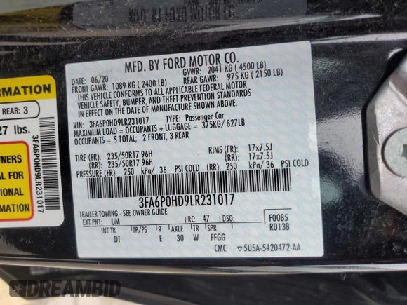 2020 Ford Fusion SE with VIN 3FA6P0HD9LR231017, listed as a Copart auction lot 55156965 with 56,161 mi miles and Salvage title. Bid and sale history available at DreamBid. Image 12.