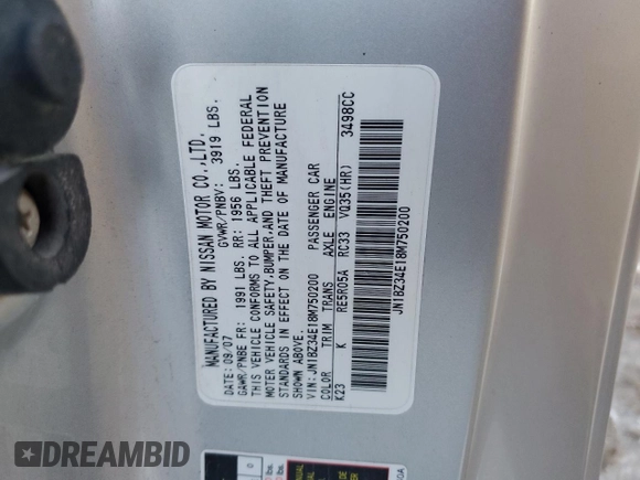2008 Nissan 350Z Touring z VIN JN1BZ34E18M750200, wystawiony jako Copart lot #87947755 z przebiegiem 185 343 mil mil oraz Szkoda całkowita • Salvage title. Historia ofert i sprzedaży dostępna na DreamBid. Obrazek 14.