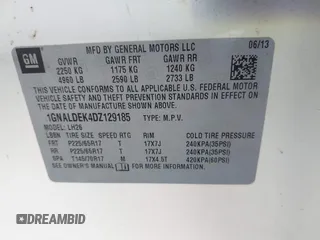2013 Chevrolet Equinox LT with VIN 1GNALDEK4DZ129185, listed as a IAAI auction lot 40942759 with 89,033 mi miles. Bid and sale history available at carsss.com. Image 9.